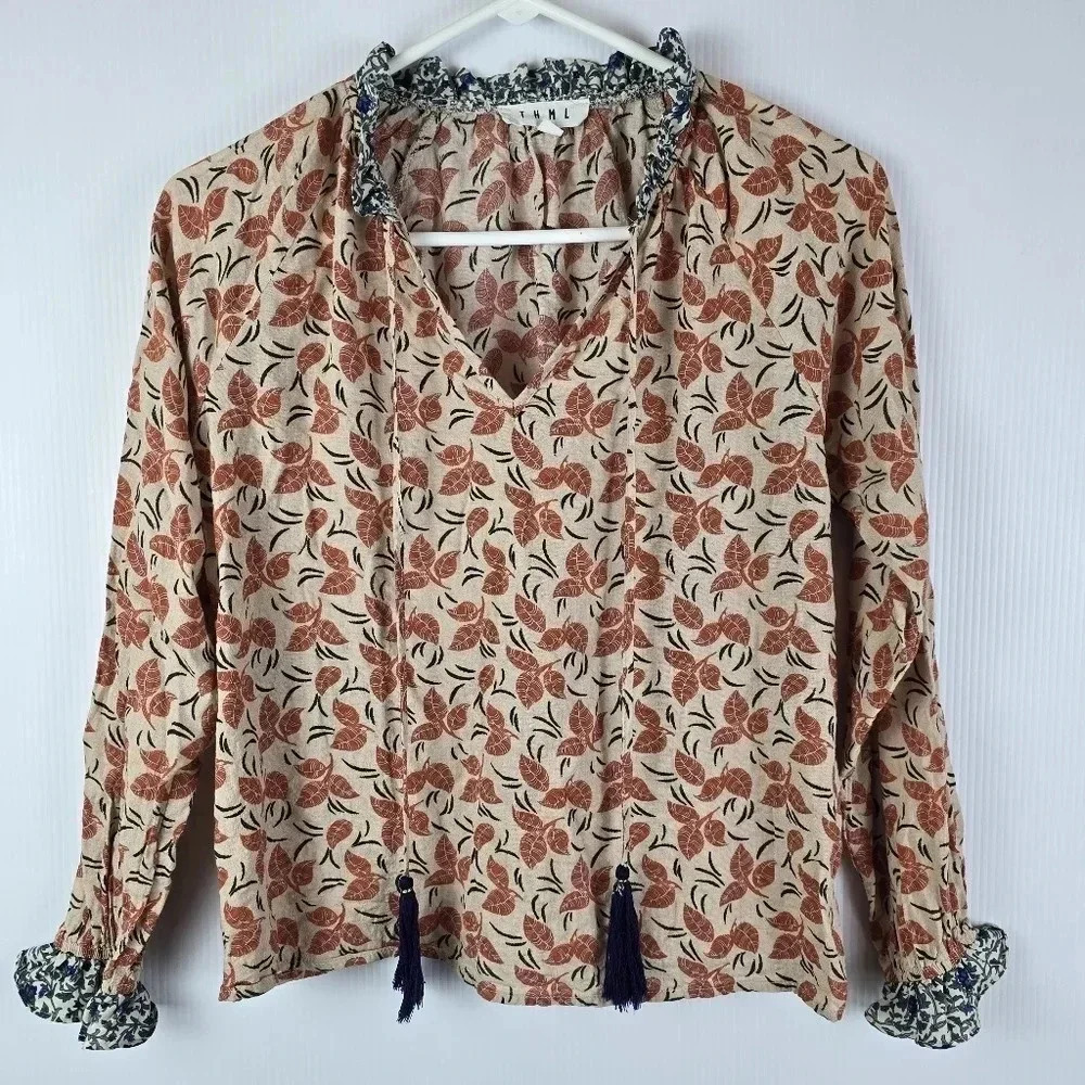 THML Orange and Blue peasant top with tassle tie Size S